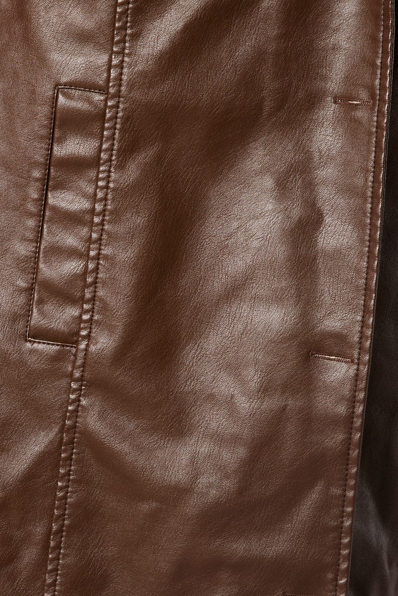 Brown Jacket Longline Collar Long Sleeve Faux Leather - Image 6