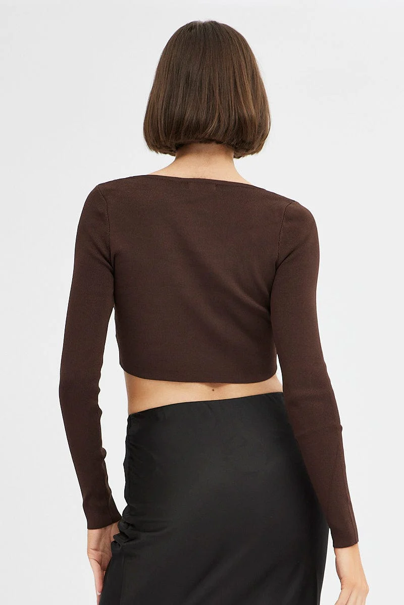 Brown Knit Top Long Sleeve Crop - Image 5