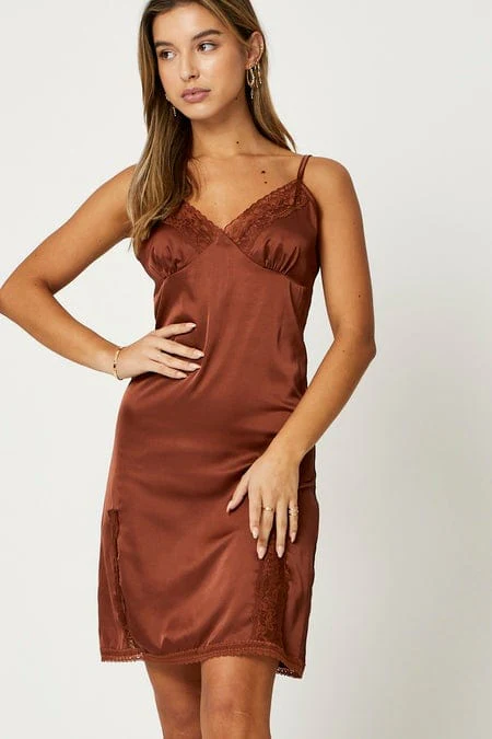 Brown Lace Trim Slip Dress - Image 5