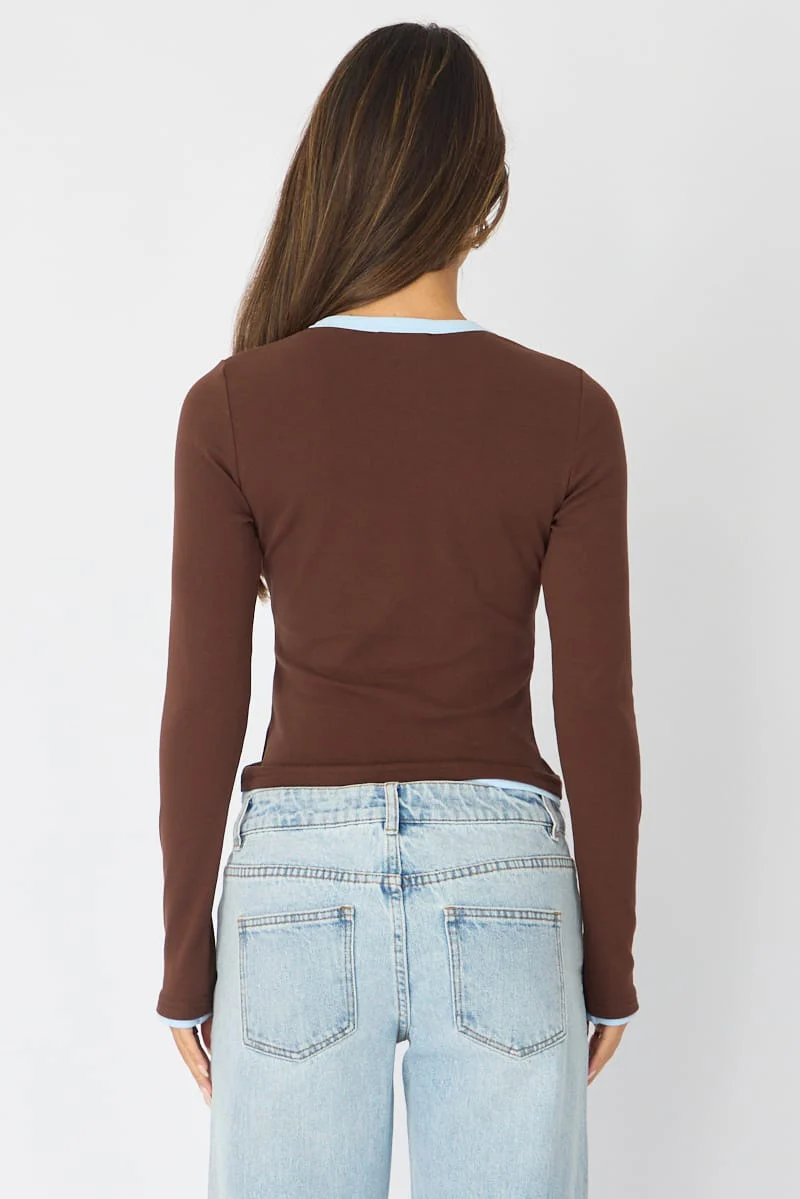 Brown Long Sleeve Contrast Binding T-shirt - Image 5