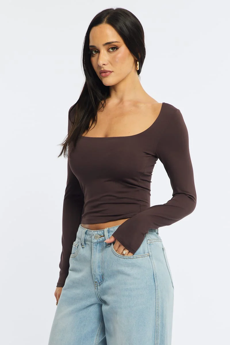 Brown Long Sleeve Slim Fit Scoop Neck Top - Image 5