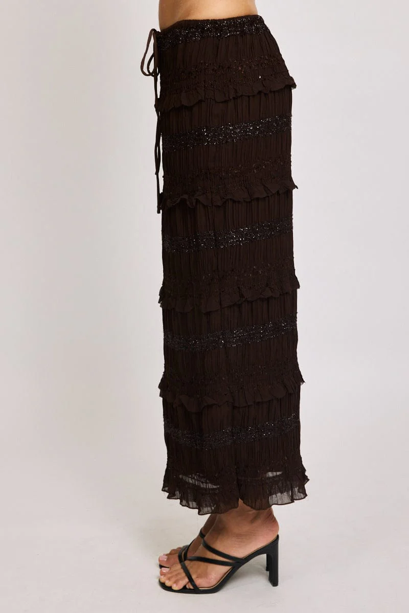 Brown Maxi Skirt Elastic Waistband Ruffle Textured - Image 3