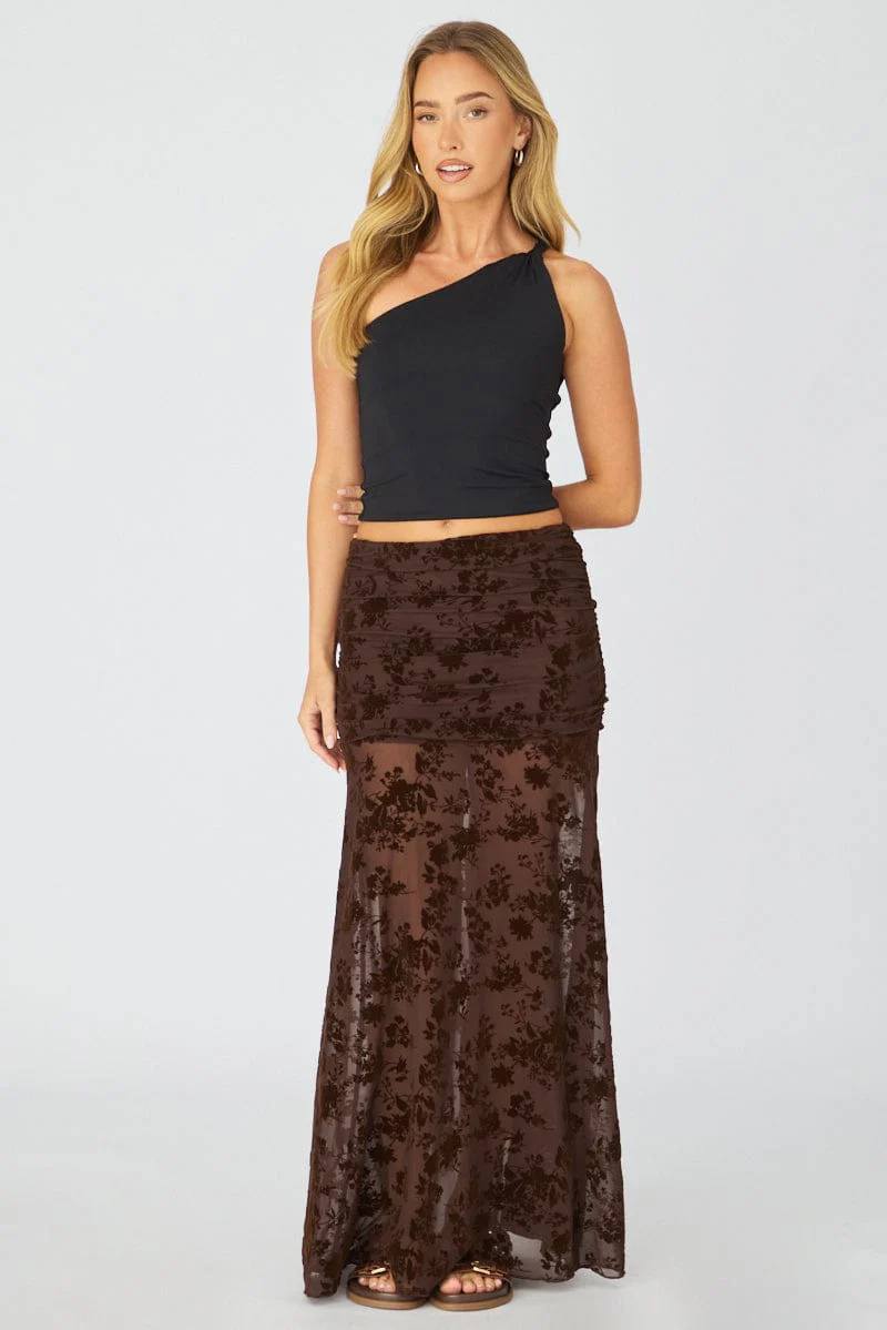 Brown Maxi Skirt High Waisted Fit & Flare Burnout - Image 3