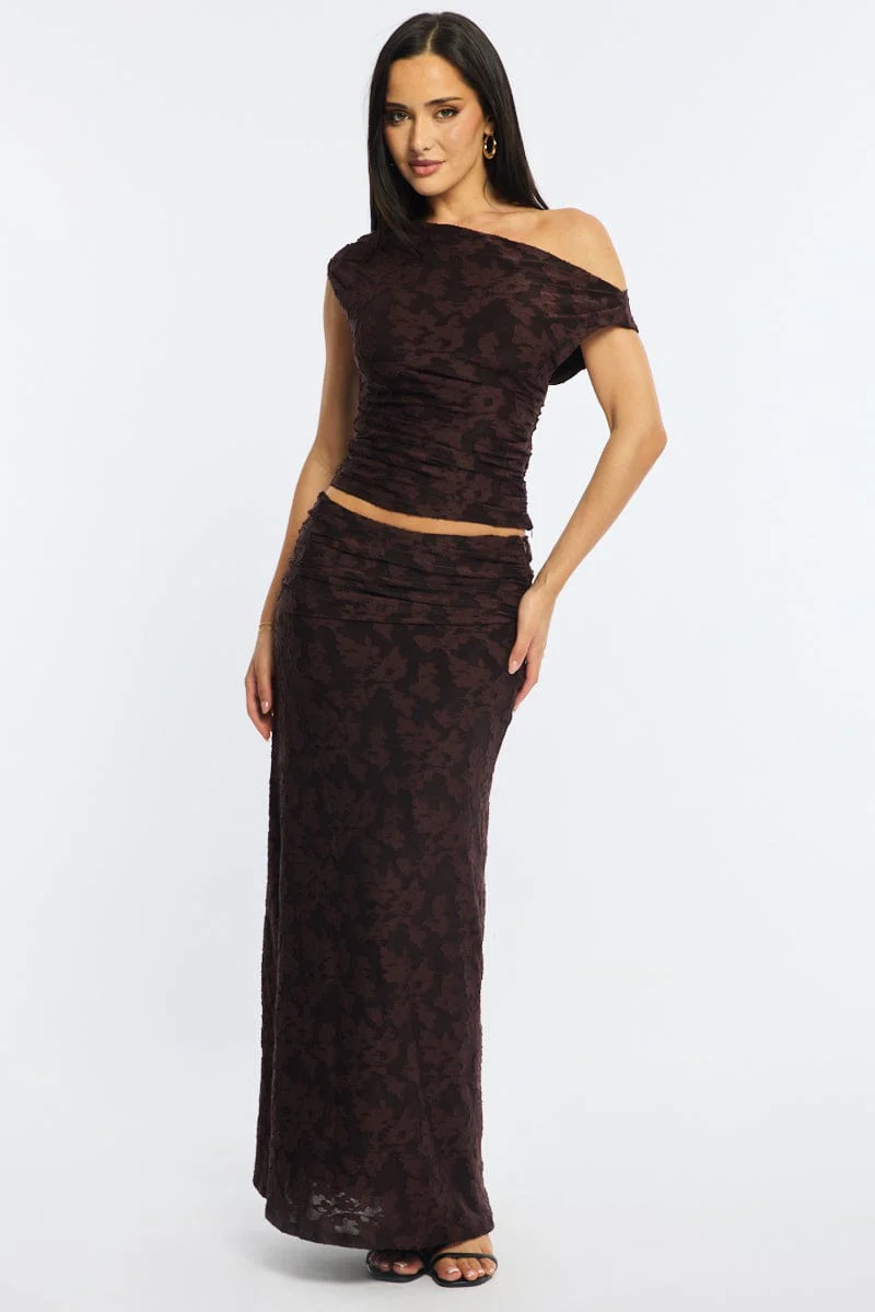 Brown Maxi Skirt Textured Gathered Waist Stretch Lined