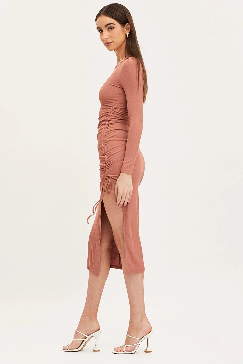 Brown Midi Dress Long Sleeve Bodycon - Image 4