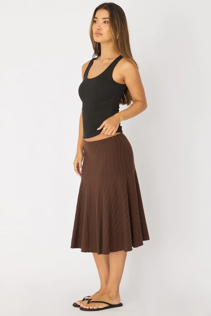 Brown Midi Skirt Elastic Waist Jacquard Rib Knit Lined - Image 4