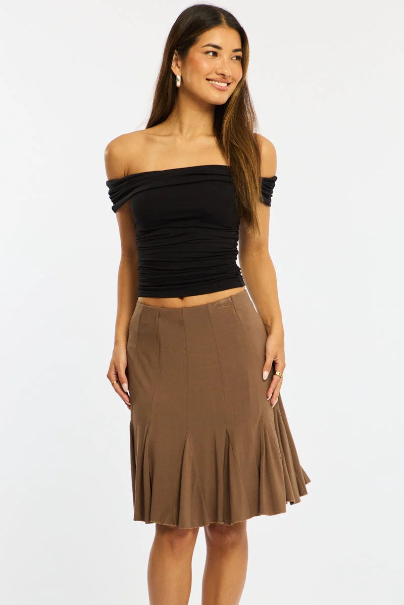 Brown Midi Skirt Elastic Waist Knee Length Brushed Lined