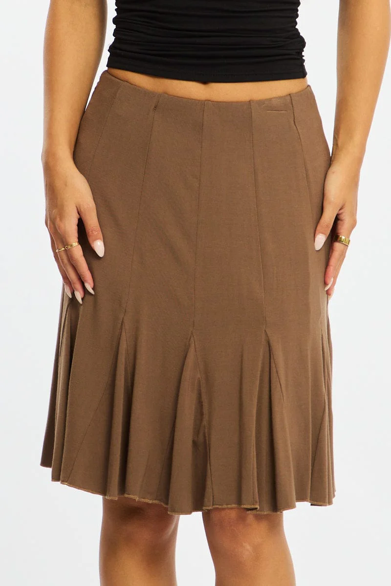 Brown Midi Skirt Elastic Waist Knee Length Brushed Lined - Image 2