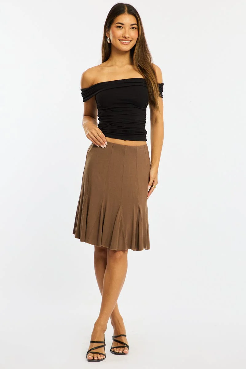 Brown Midi Skirt Elastic Waist Knee Length Brushed Lined - Image 3