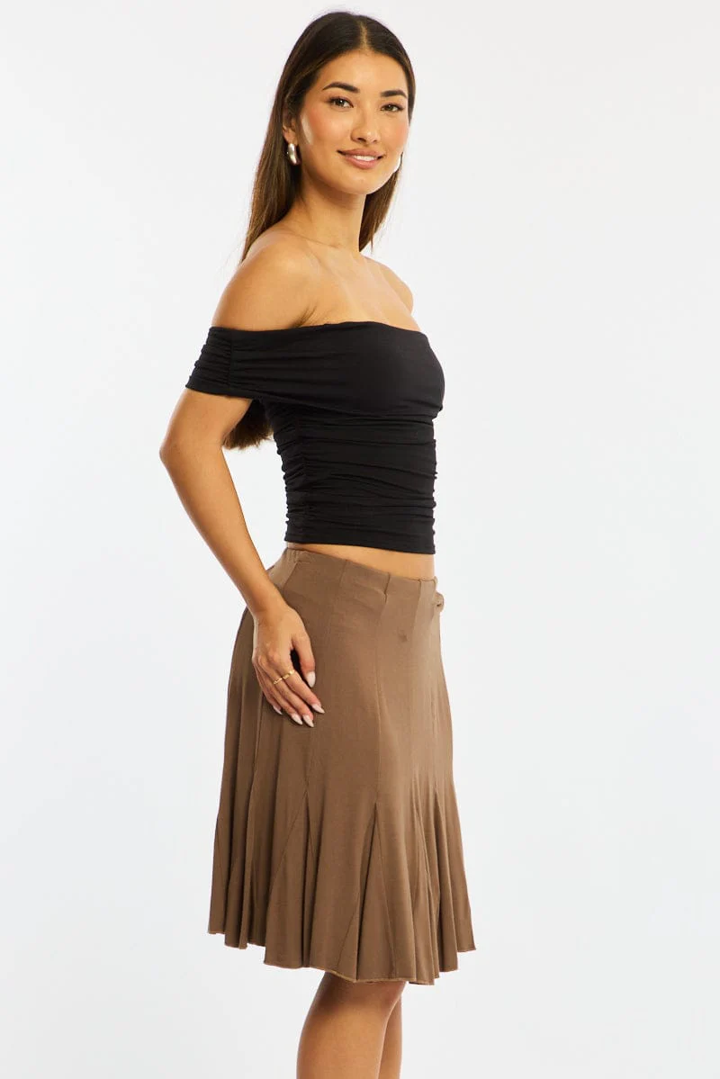 Brown Midi Skirt Elastic Waist Knee Length Brushed Lined - Image 4