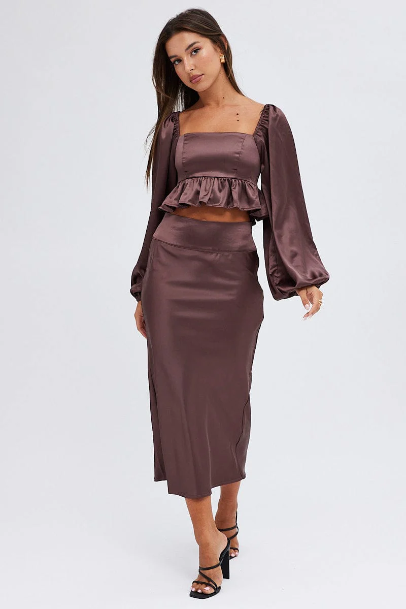 Brown Midi Skirt High Waisted Satin Bias Cut - Image 3