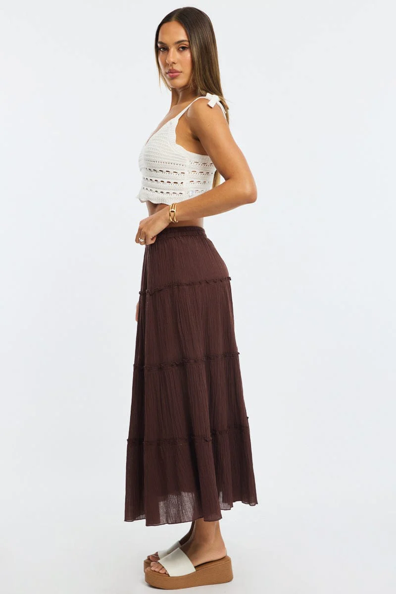 Brown Midi Skirt Tiered High Rise Lined Textured Cotton - Image 4