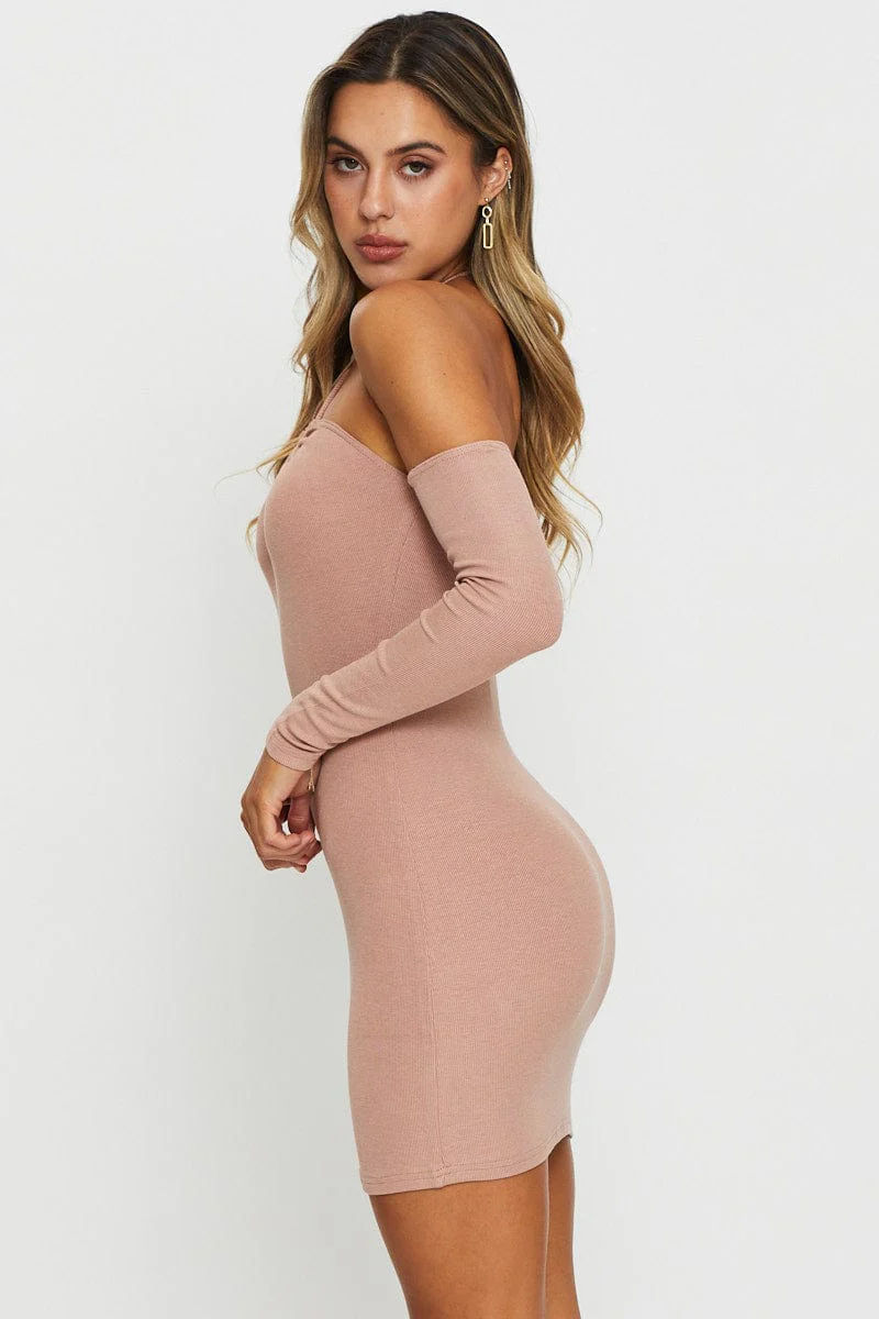 Brown Mini Dress Bodycon Halter Neck - Image 4