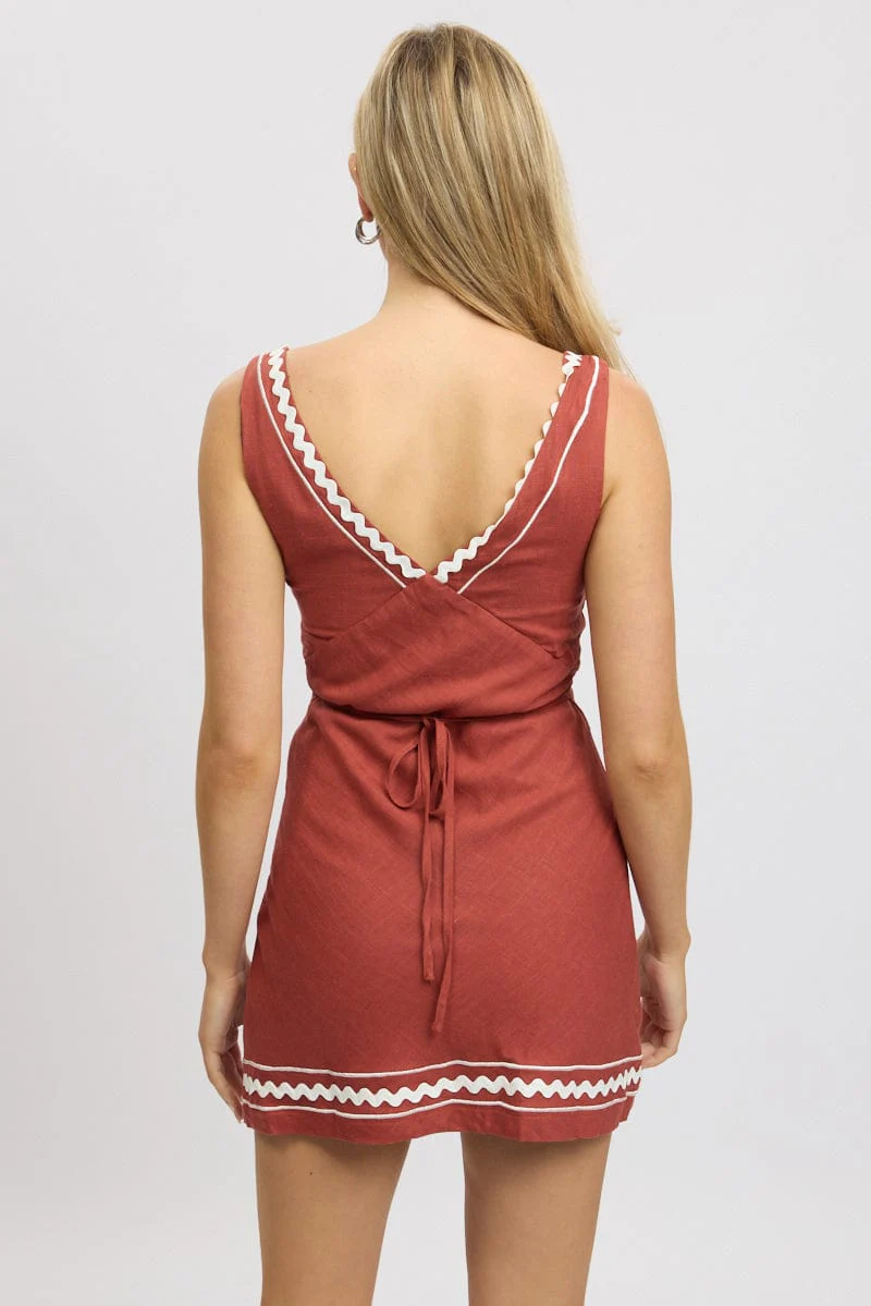 Brown Mini Dress V-Neck Sleeveless - Image 5