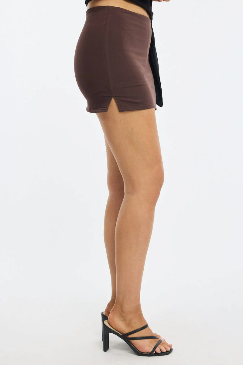 Brown Mini Skort Skirt Elasticated Waist Side Split - Image 3