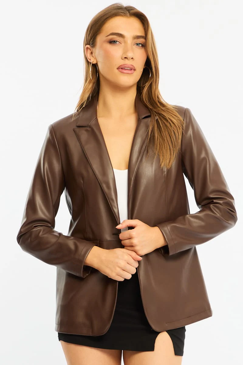 Brown Oversized Blazer Faux Leather - Image 2