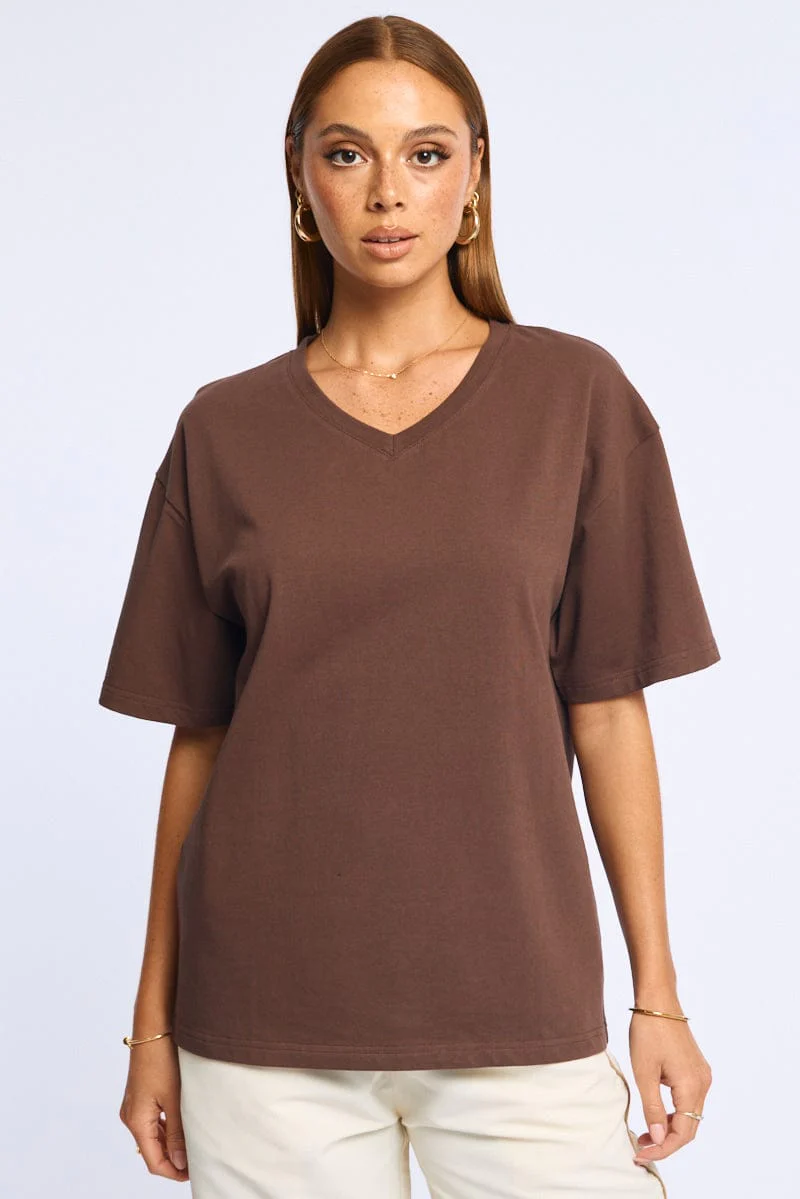 Brown Oversized Tee V-neck Short Sleeve