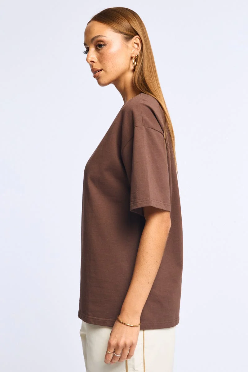 Brown Oversized Tee V-neck Short Sleeve - Image 3