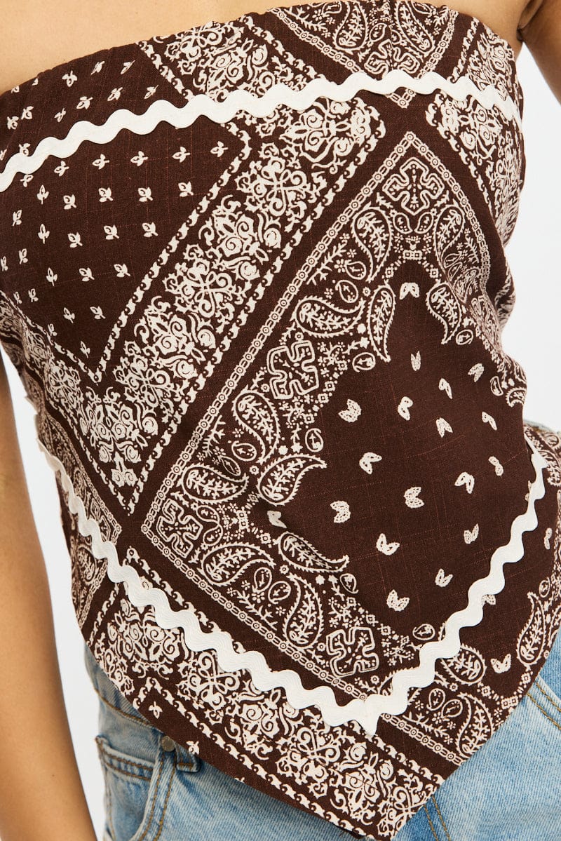 Brown Paisley Scarf Top Sleeveless Bandeau Linen Blend Ric Rac - Image 6