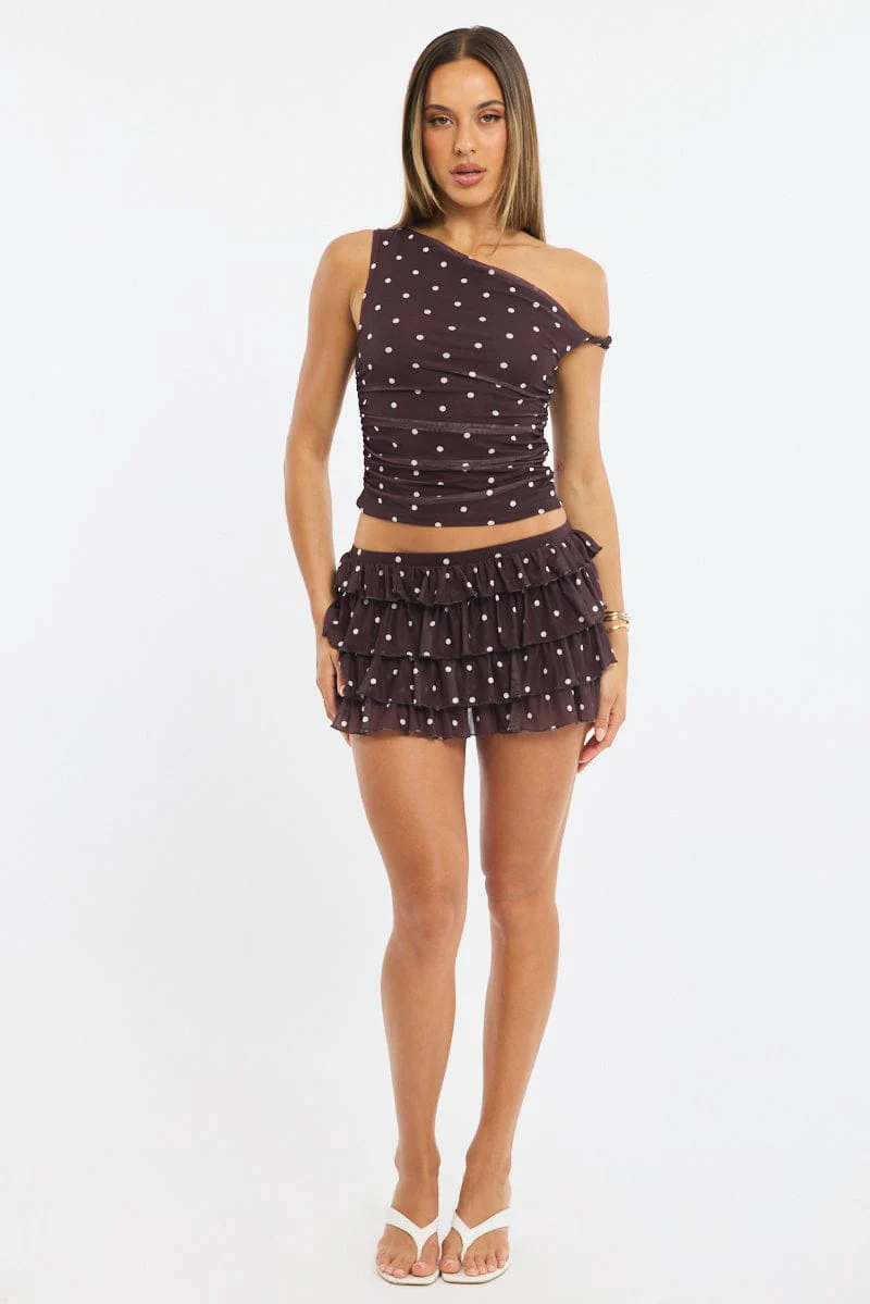 Brown Polka Dot Bloomer Skort Skirt Elastic Waist Mid Rise Layered