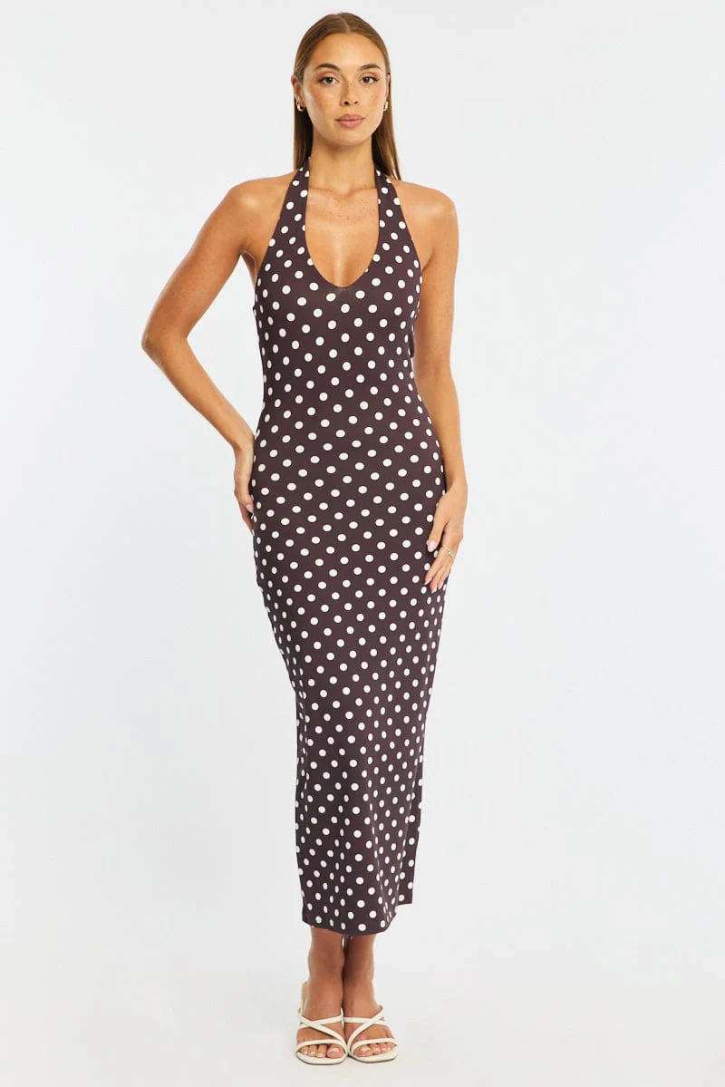 Brown Polka Dot Bodycon Dress Halter Neck
