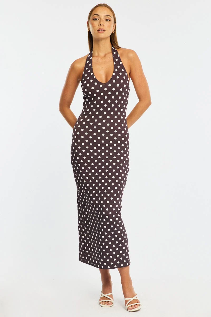 Brown Polka Dot Bodycon Dress Halter Neck - Image 3