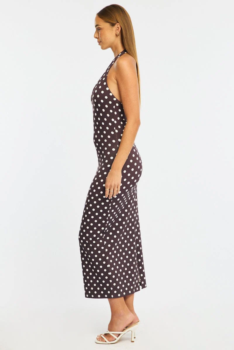 Brown Polka Dot Bodycon Dress Halter Neck - Image 4