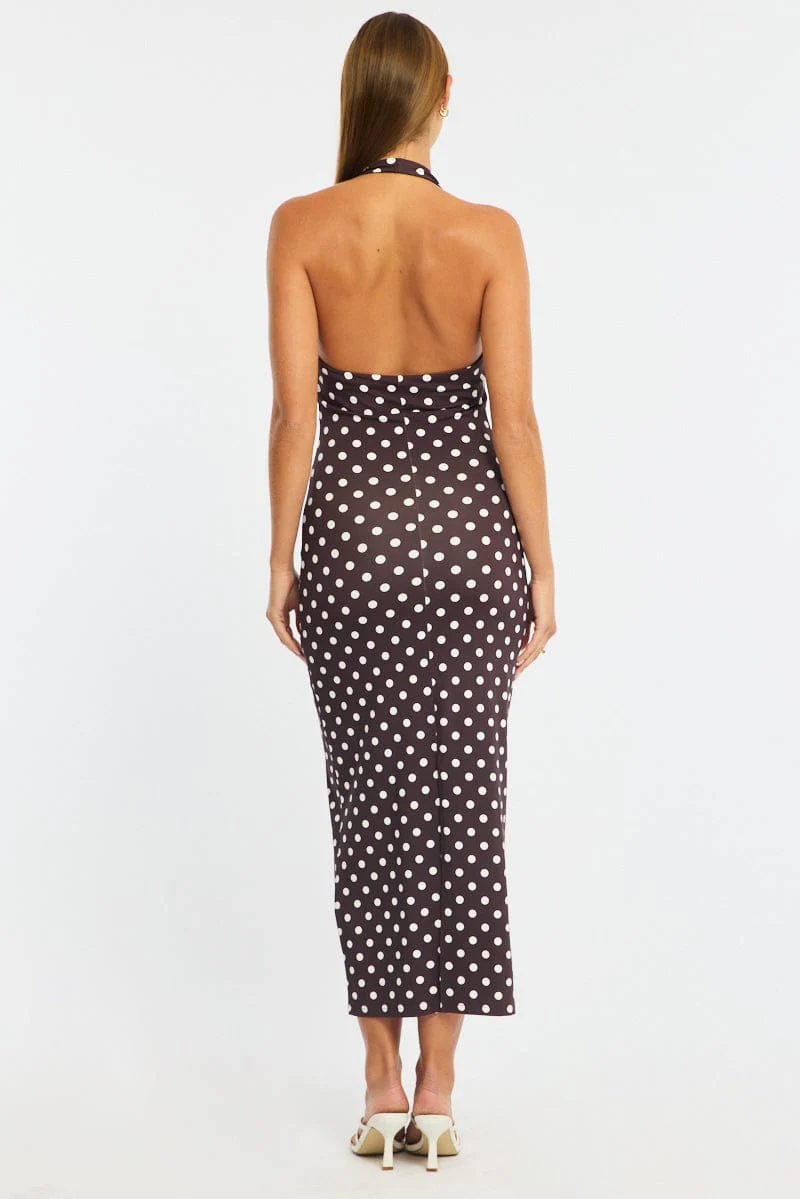 Brown Polka Dot Bodycon Dress Halter Neck - Image 5