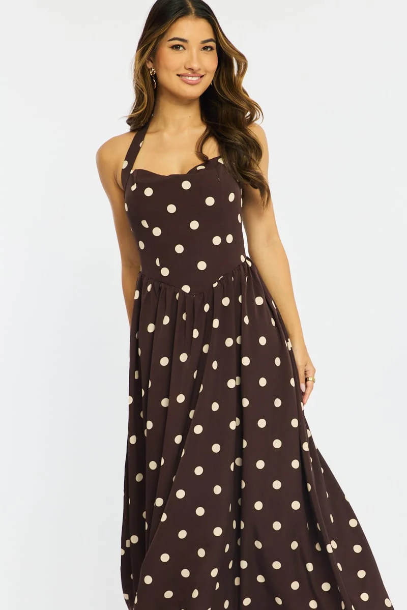 Brown Polka Dot Maxi Dress Halter Neck - Image 3