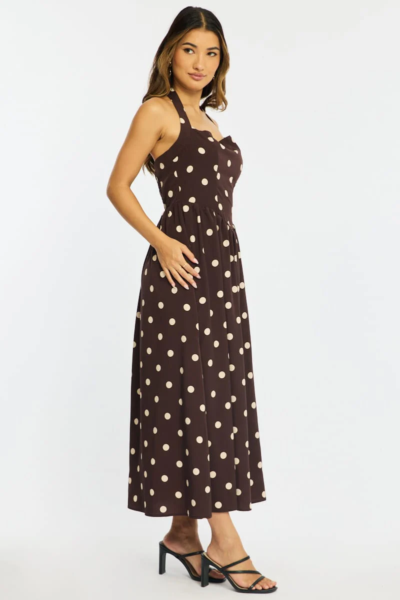 Brown Polka Dot Maxi Dress Halter Neck - Image 5