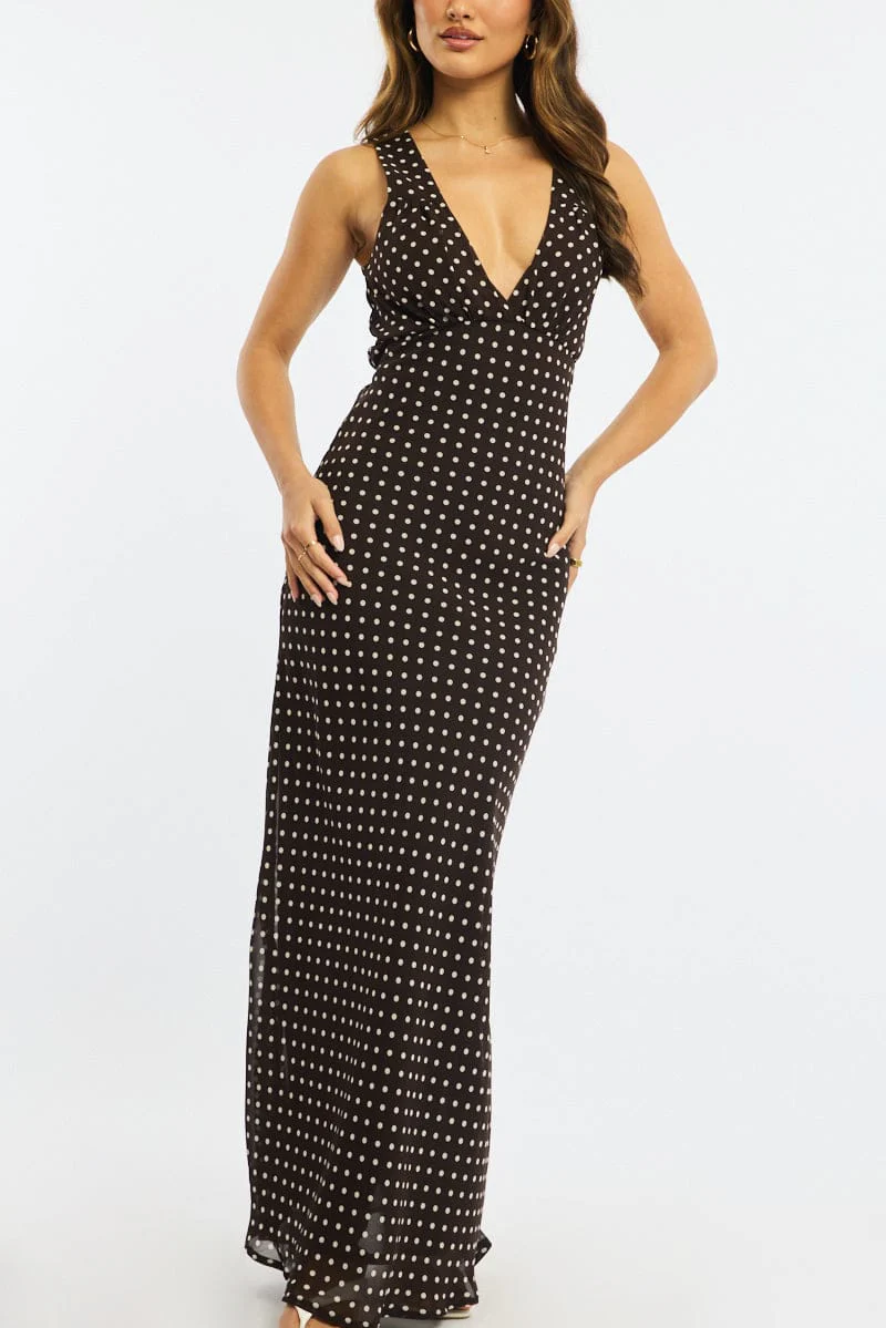 Brown Polka Dot Maxi Dress V-neck Chiffon - Image 5