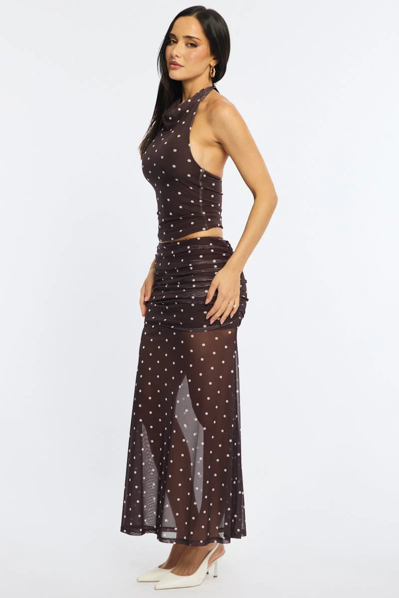 Brown Polka Dot Maxi Skirt Elastic Waist Gathered Fit & Flare Mesh - Image 4