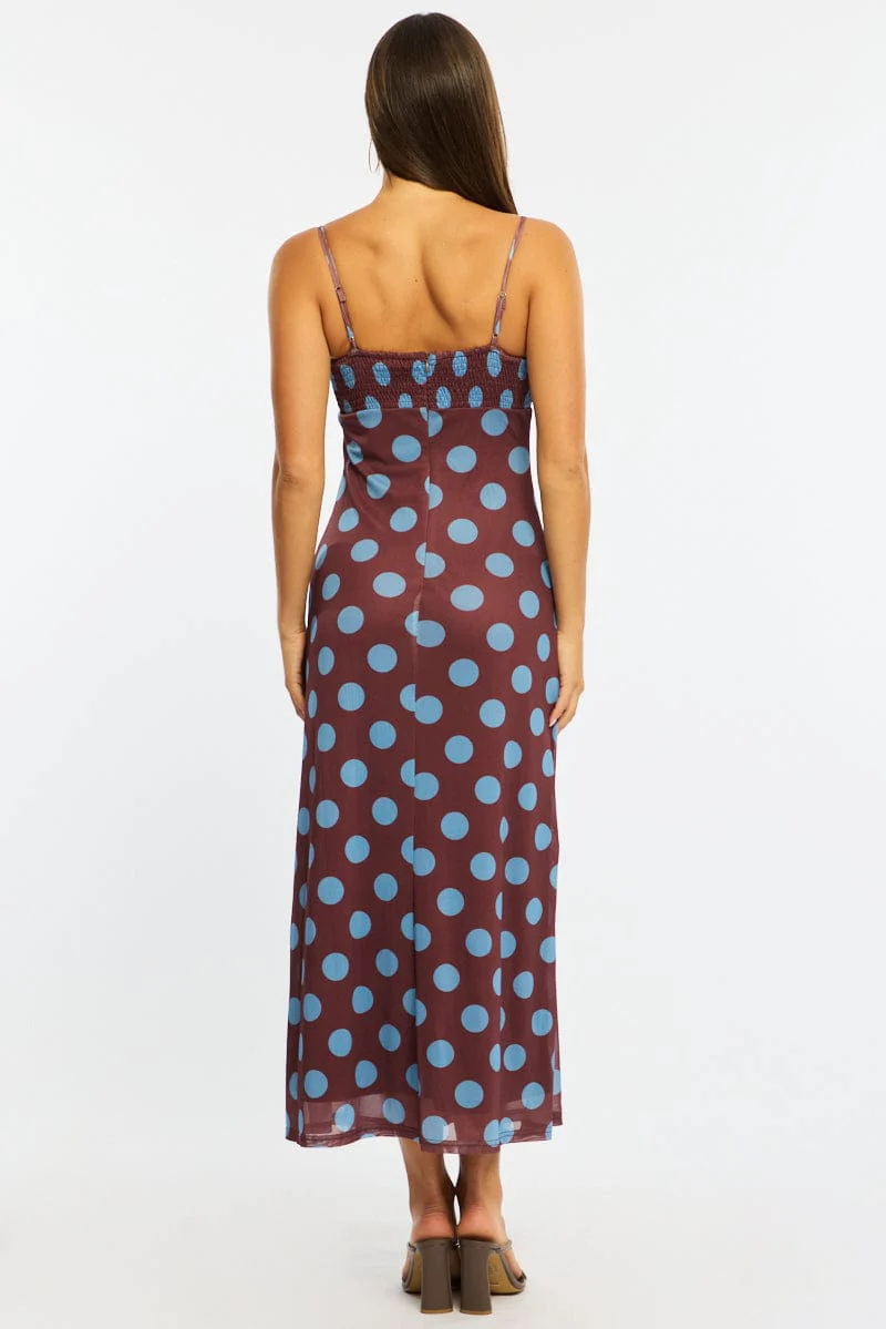 Brown Polka Dot Midi Dress Strappy - Image 5