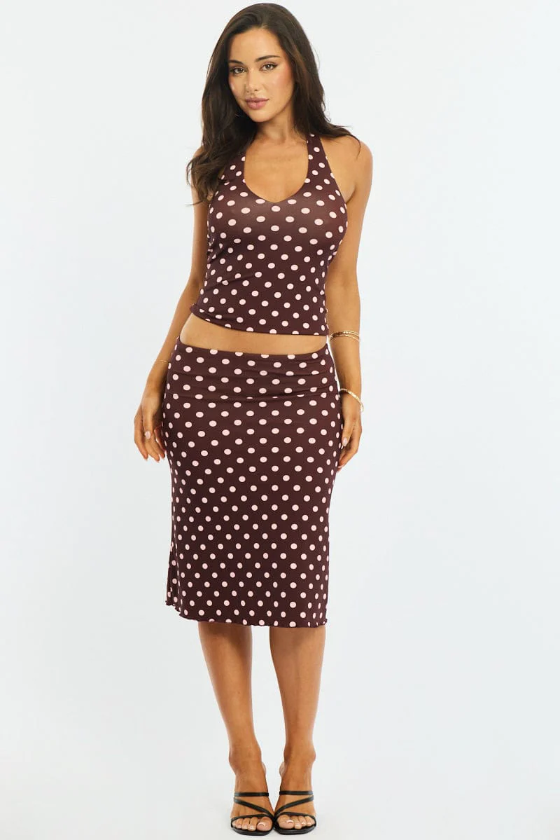 Brown Polka Dot Midi Skirt Mid Rise Lined