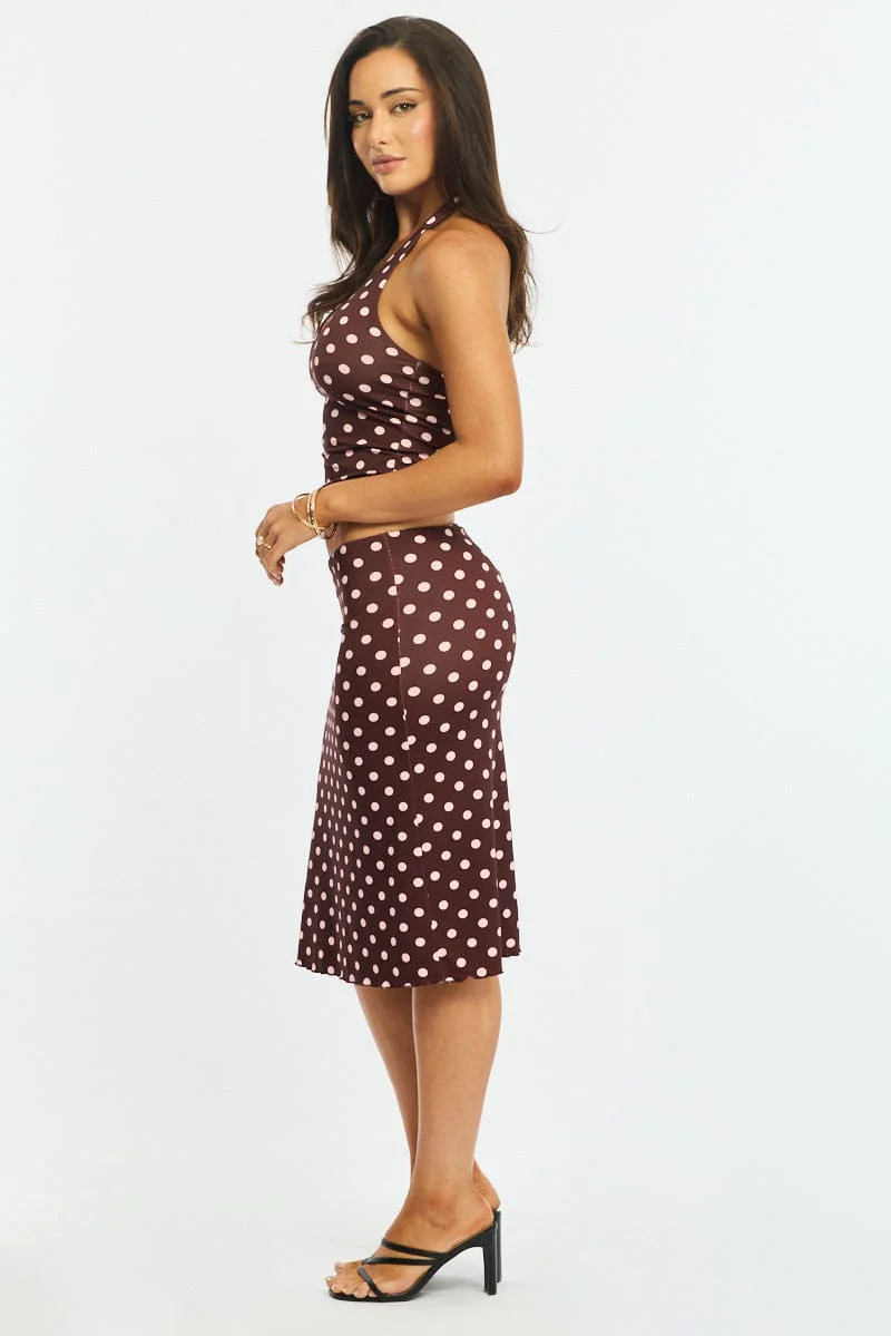 Brown Polka Dot Midi Skirt Mid Rise Lined - Image 4