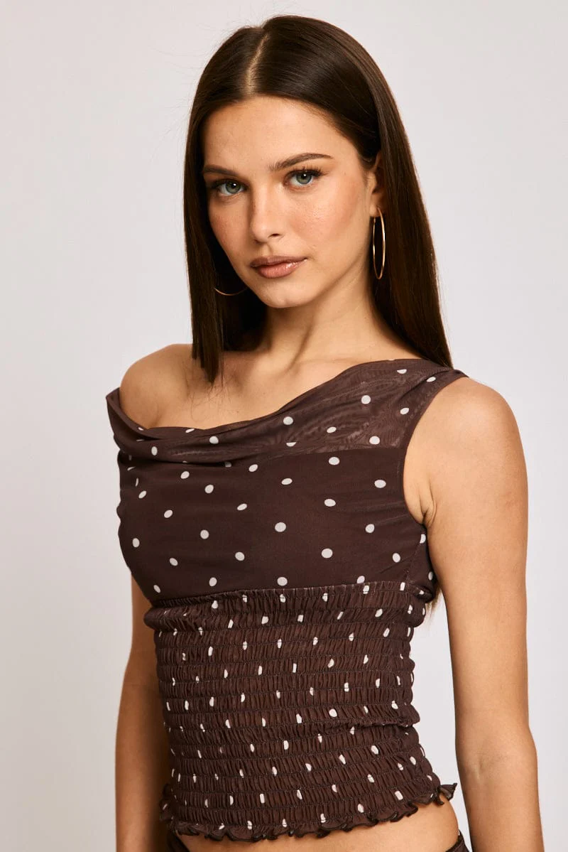 Brown Polka Dot One Shoulder Polka Dot Mesh Top
