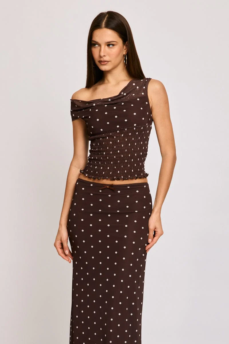 Brown Polka Dot One Shoulder Polka Dot Mesh Top - Image 2
