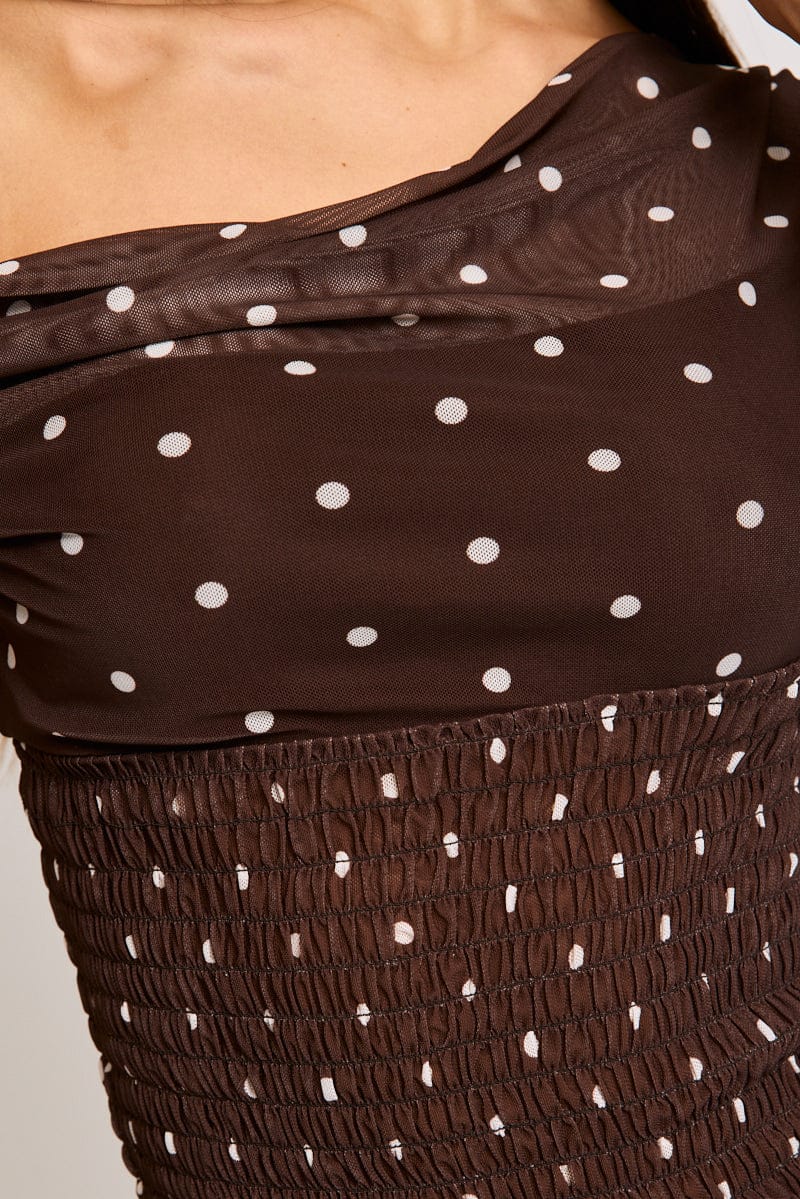 Brown Polka Dot One Shoulder Polka Dot Mesh Top - Image 5