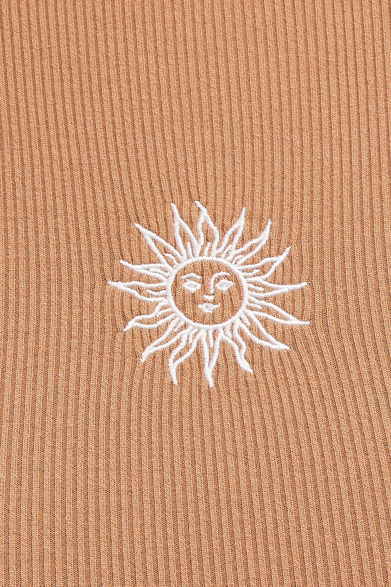 Brown Rib Jersey Embroidered Graphic Curved Hem Tank - Image 6
