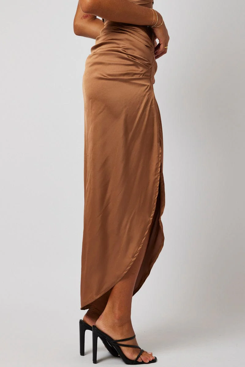 Brown Ruched Maxi Skirt Draped Satin Skirt - Image 4
