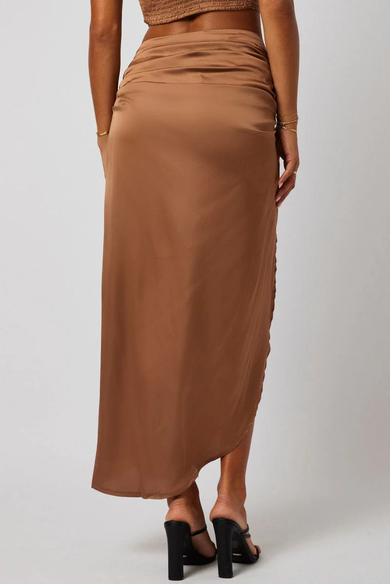 Brown Ruched Maxi Skirt Draped Satin Skirt - Image 5