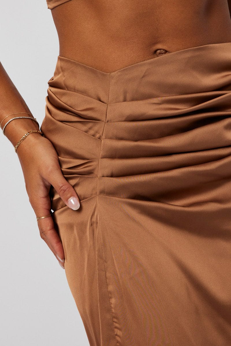 Brown Ruched Maxi Skirt Draped Satin Skirt - Image 6