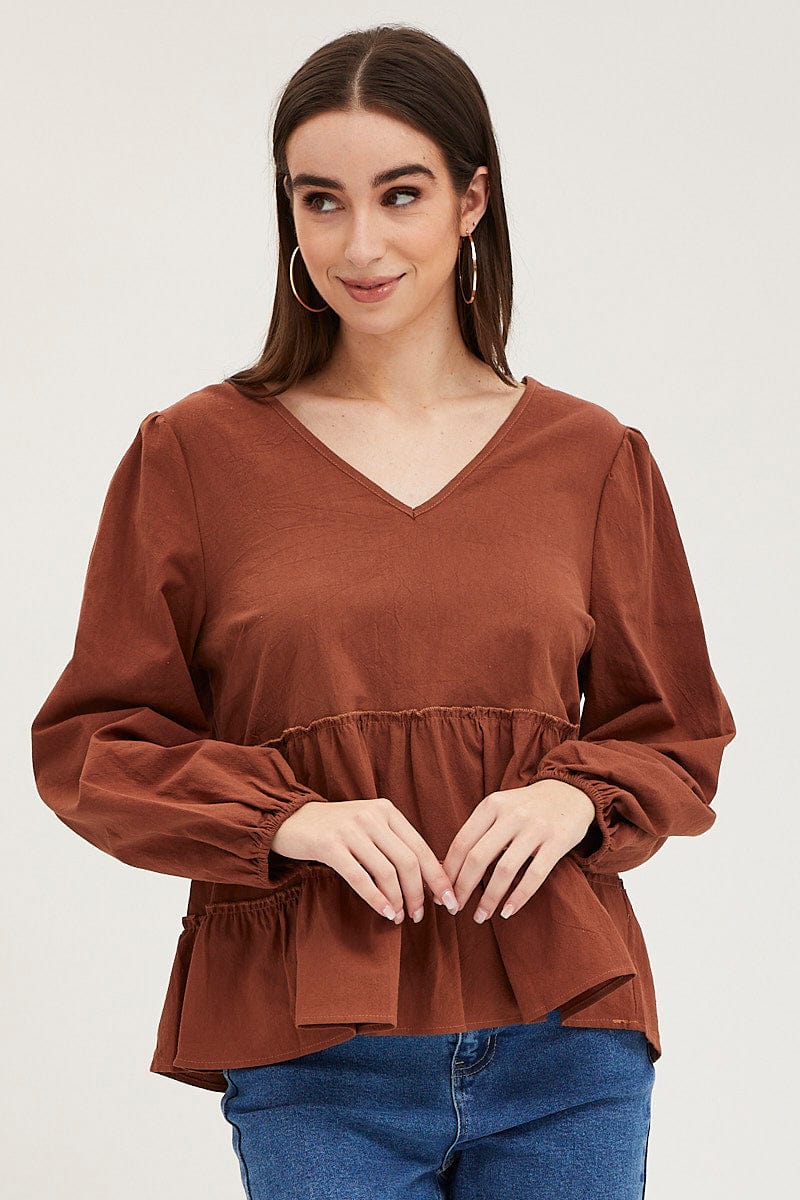 Brown Ruffle Top Long Sleeve