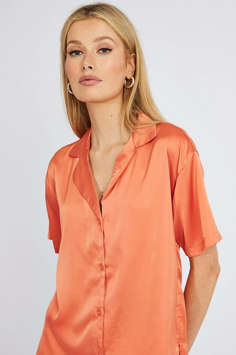 Brown Satin Shirt Short Sleeve - Image 3