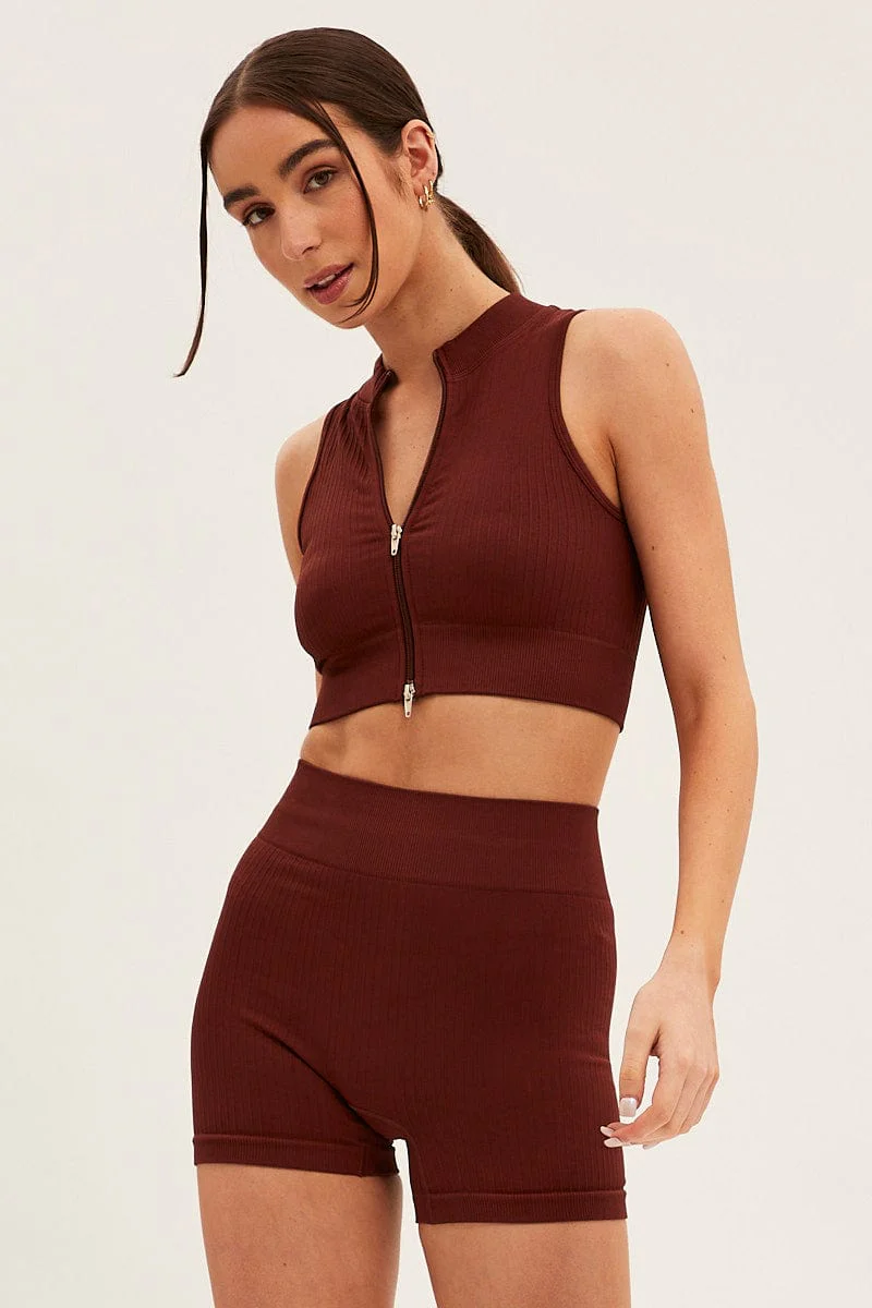 Brown Seamless Zip Top And Bike Shorts Activewear Set - Image 3
