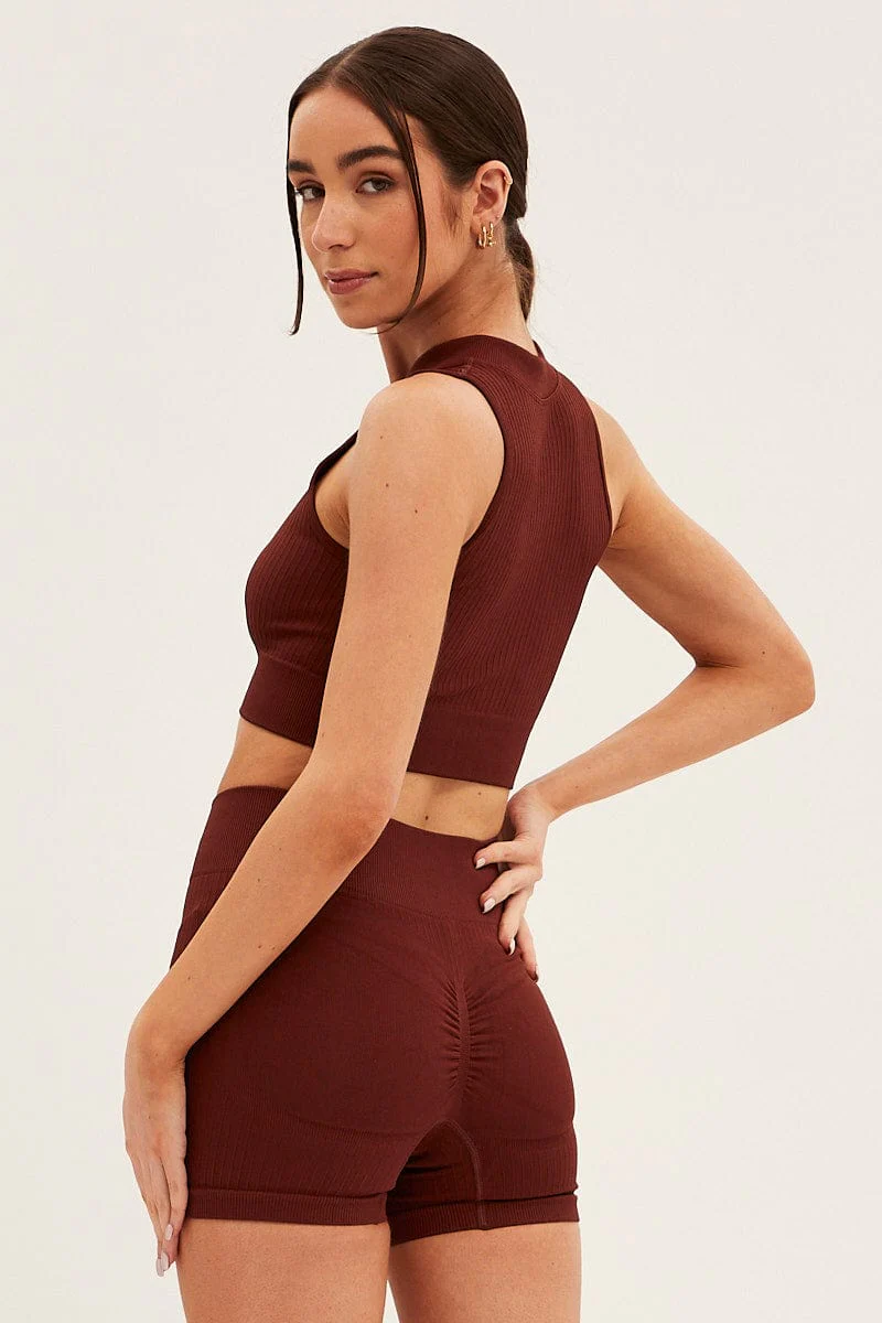 Brown Seamless Zip Top And Bike Shorts Activewear Set - Image 5