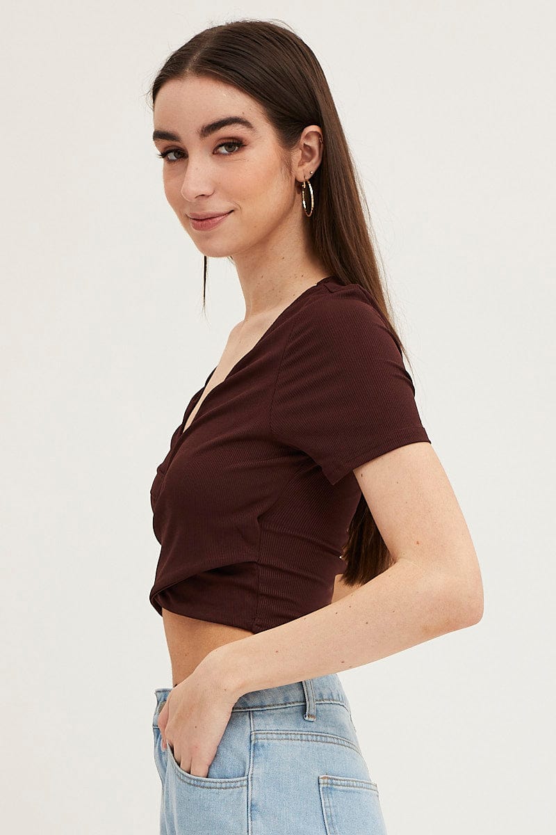 Brown Short Sleeve V Neck Rib Jersey Crossover Top - Image 4