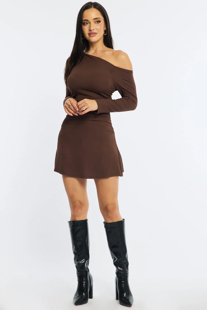 Brown Singular Off Shoulder Mini Dress - Image 3