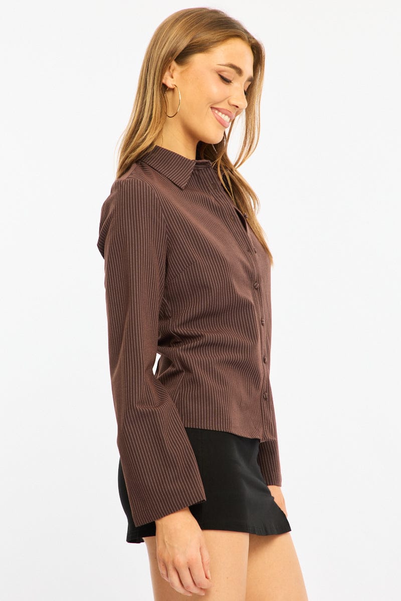 Brown Stripe Long Sleeve Pinstripe Shirt - Image 3
