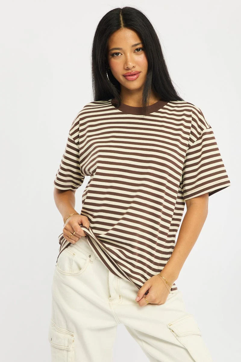 Brown Stripe Oversized Tee Short Sleeve